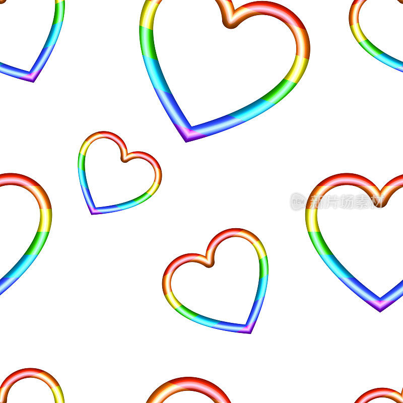 Vector seamless pattern with a rainbow colored 3D hearts on white background, graphic backdrop template, 3D hearts, multicolored illustration.